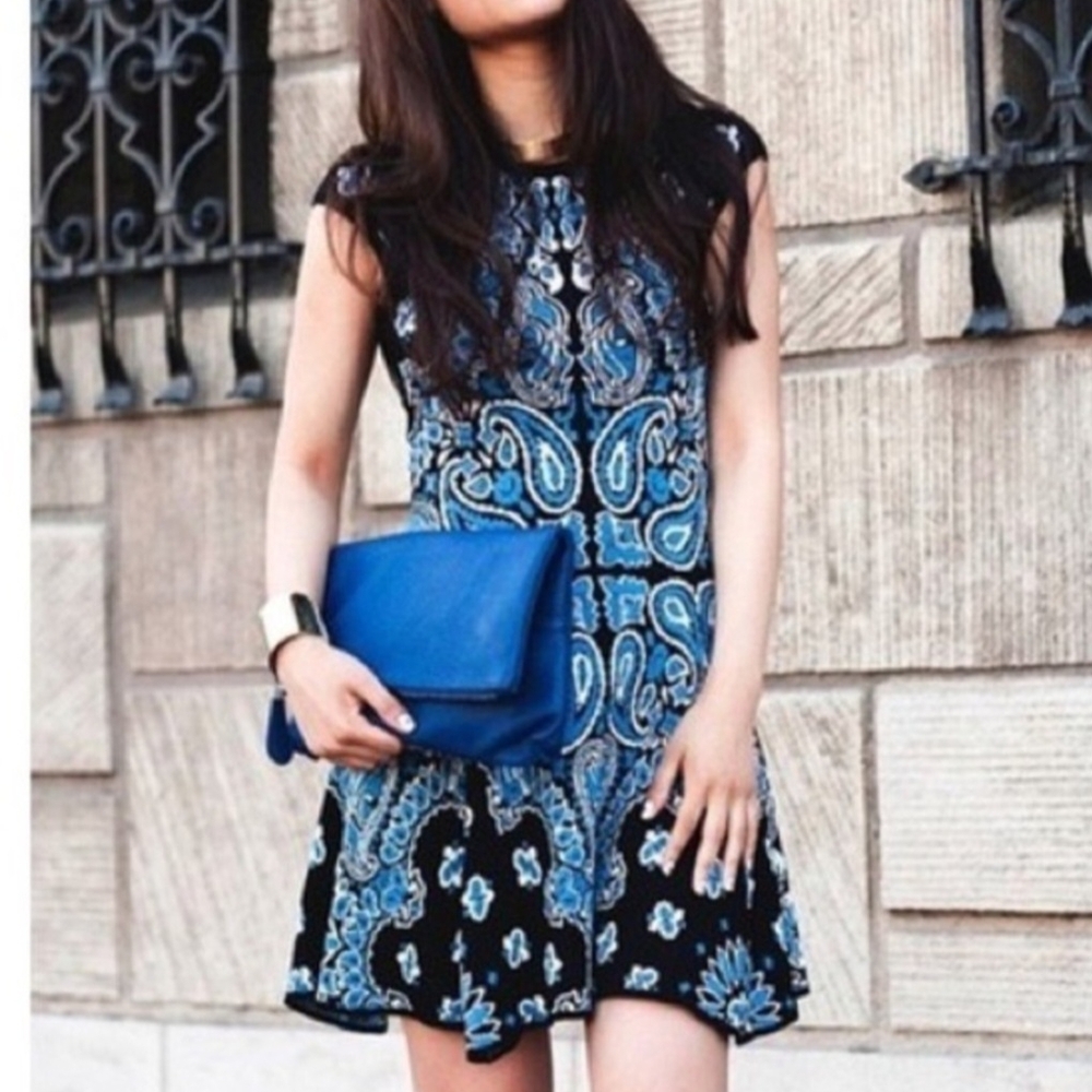 TORN by RONNY KOBO Knit Sweater Dress Paisley Print Mini Black Blue